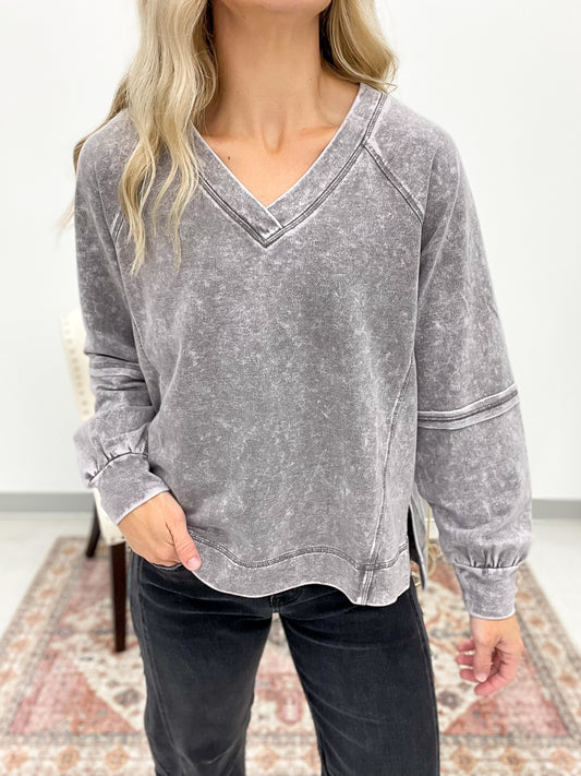 Biggest Fan Washed Long Sleeve Top Gray