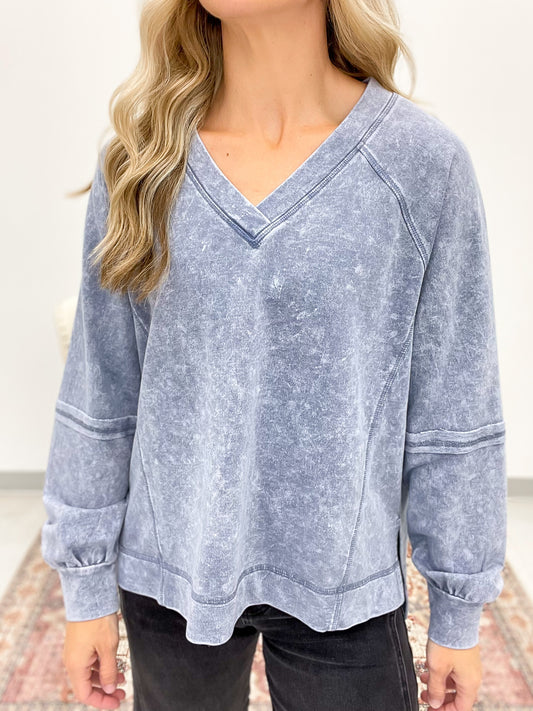 Biggest Fan Washed Long Sleeve Top Blue