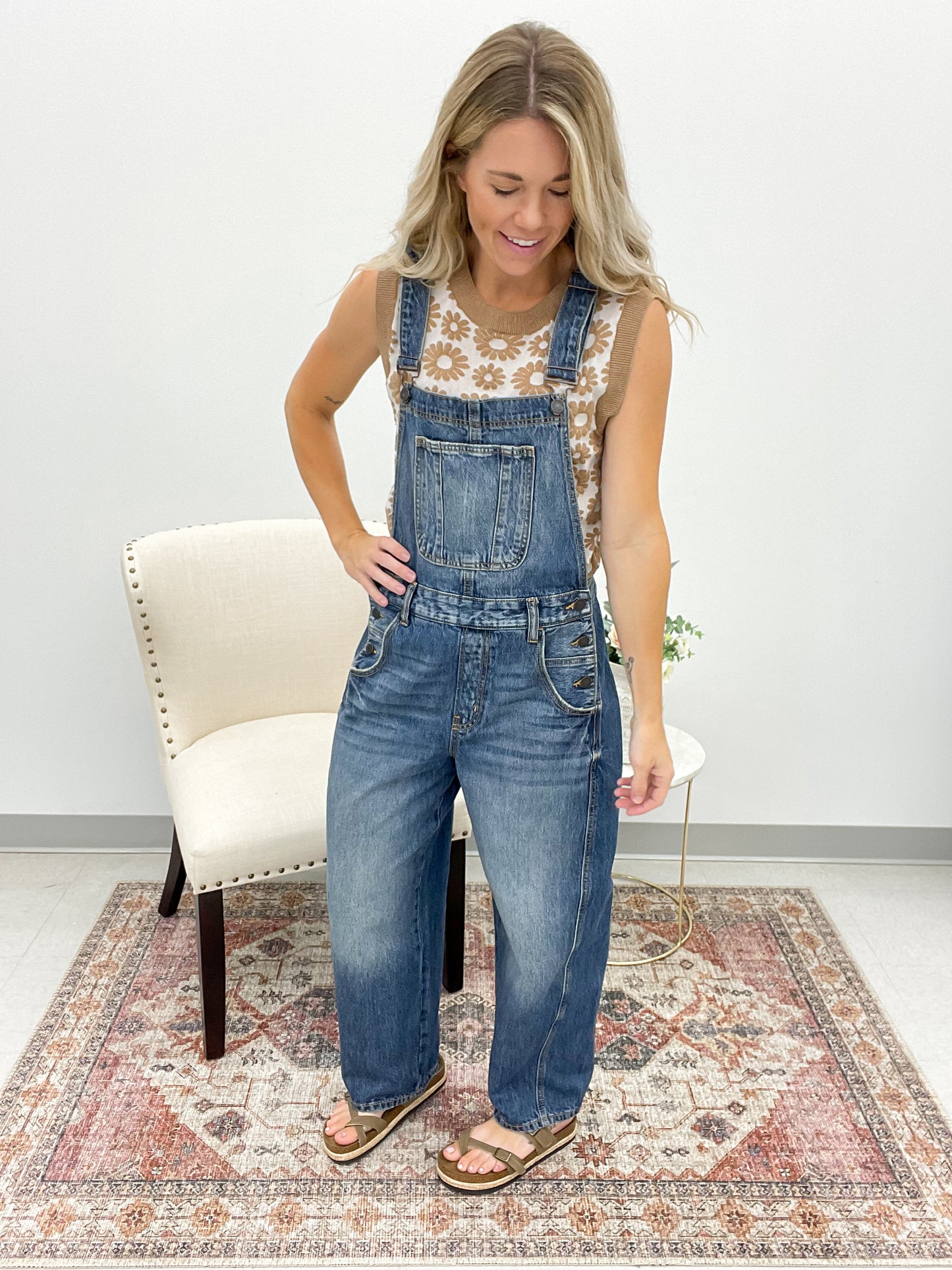 In Luck Denim Barrel Overalls Dark Wash