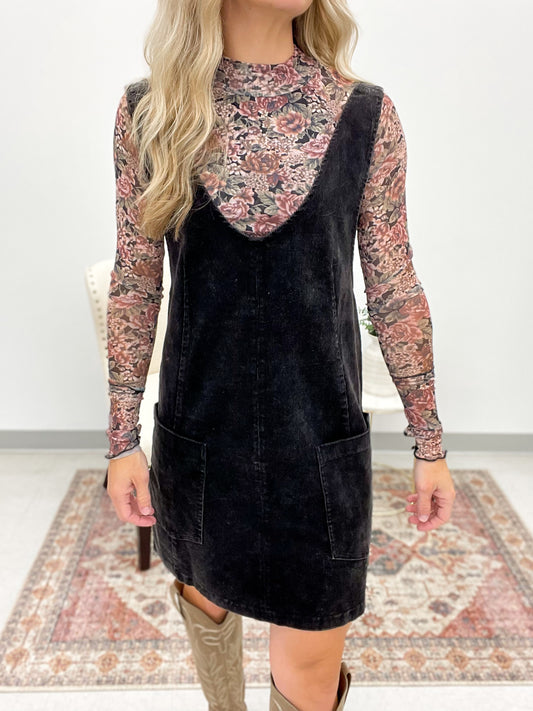 Stay Chic Washed Corduroy Dress Black