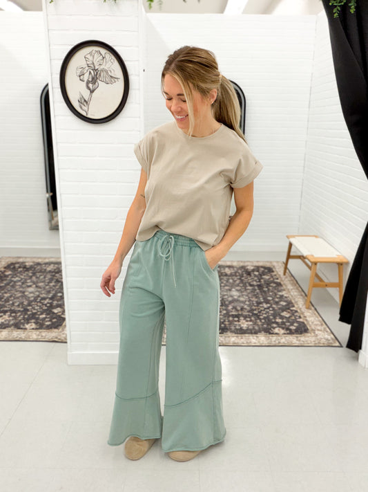 Double Down Wide Leg French Terry Pants Mineral Green