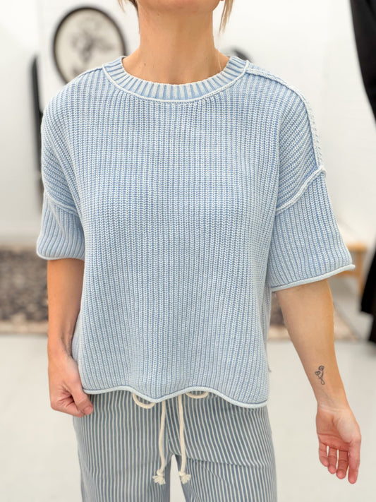 Here For You Washed Crew Short Sleeve Knit Sweater Blue