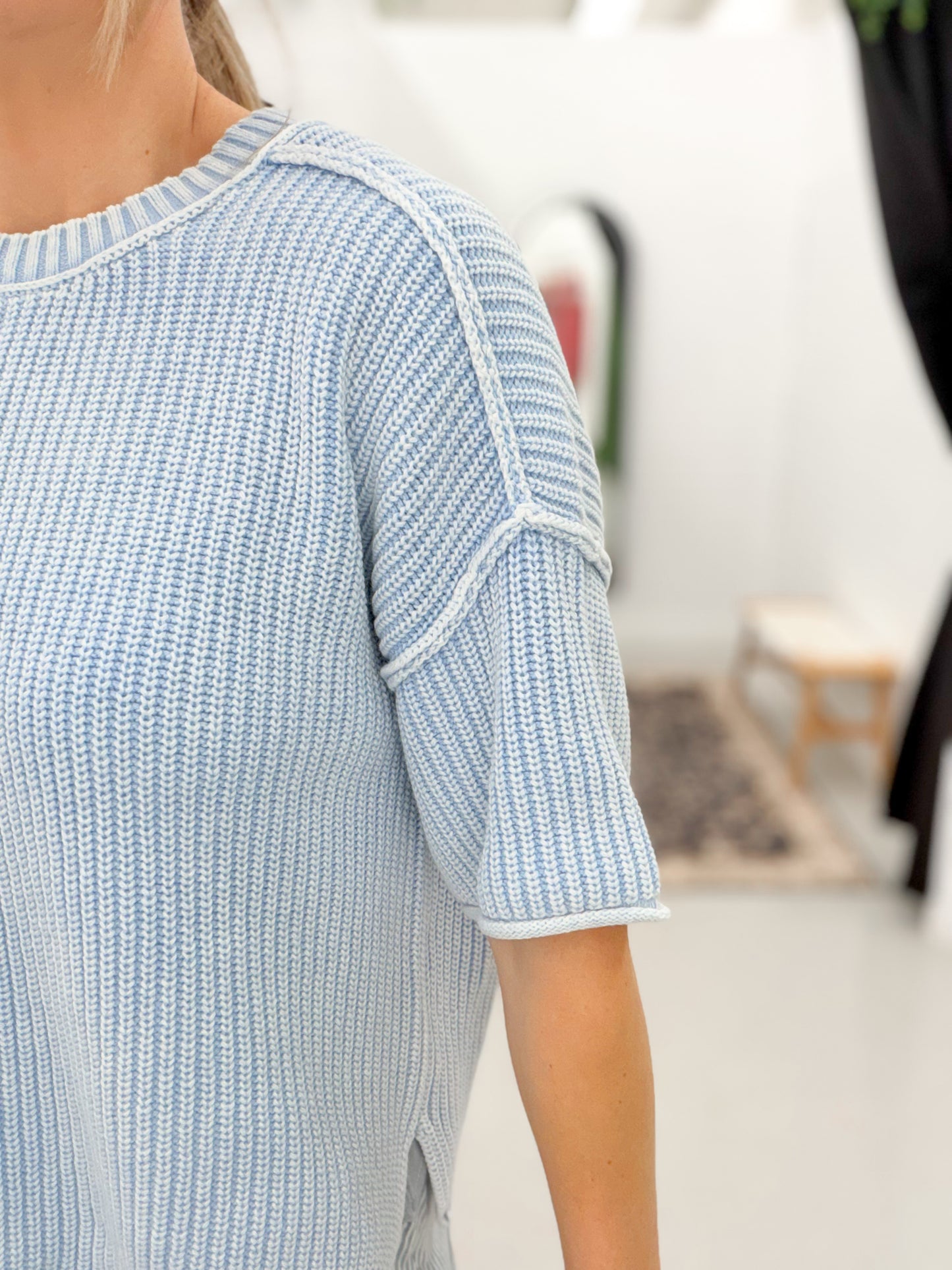 Here For You Washed Crew Short Sleeve Knit Sweater Blue