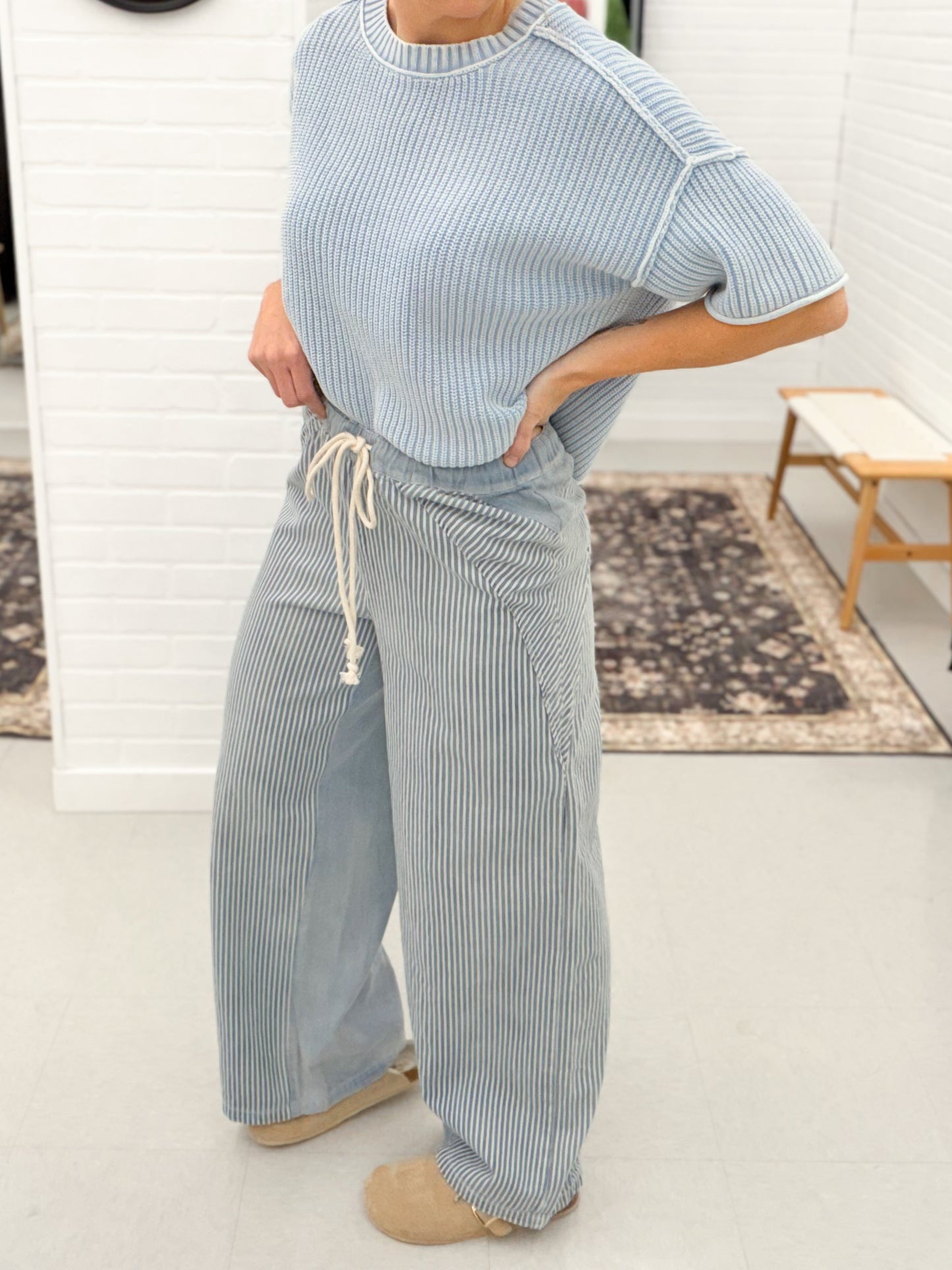 Boardwalk Dreams Striped Drawstring Pants Denim Blue
