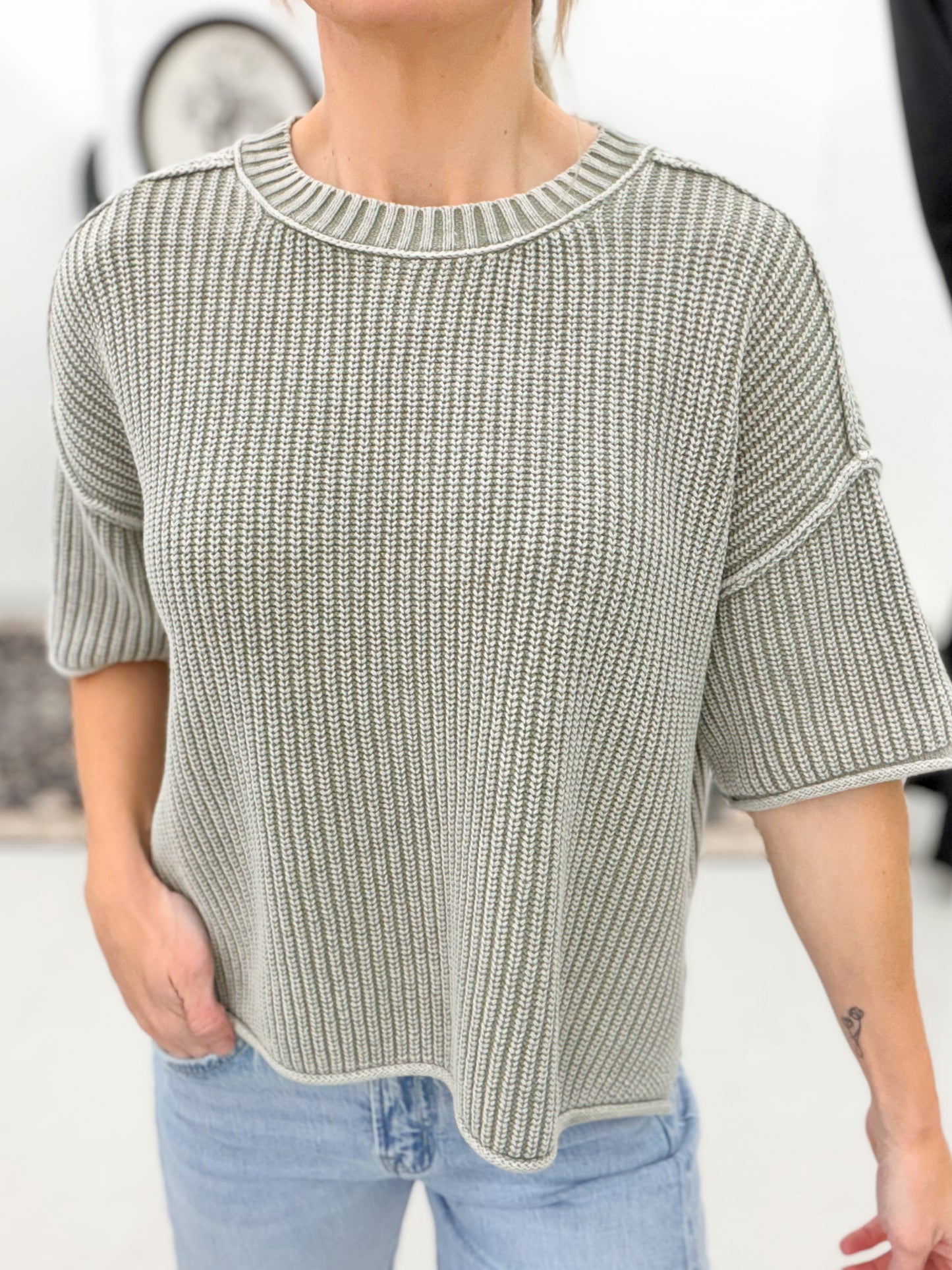 Here For You Washed Crew Short Sleeve Knit Sweater Olive