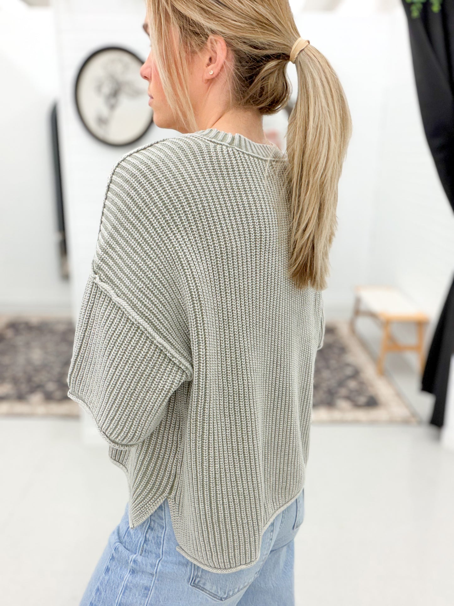 Here For You Washed Crew Short Sleeve Knit Sweater Olive