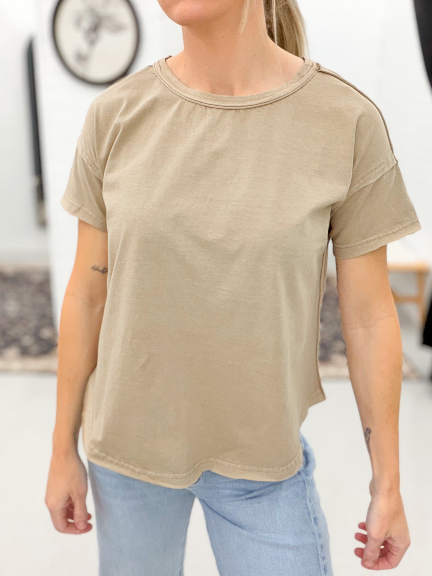 Here Today Raw Stitch Detail Mineral Wash Top Mocha