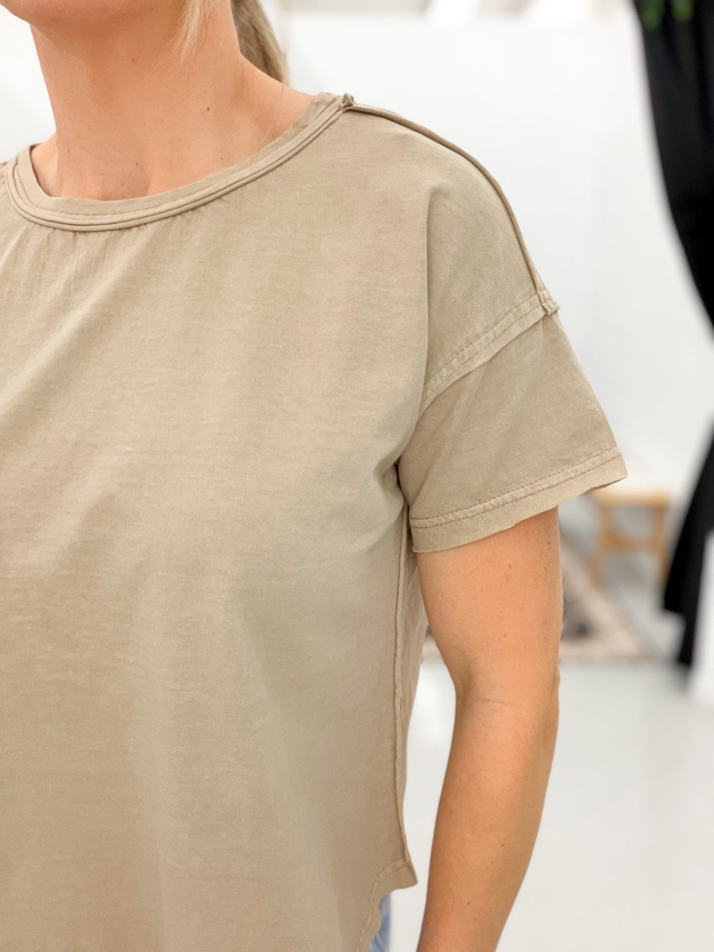 Here Today Raw Stitch Detail Mineral Wash Top Mocha
