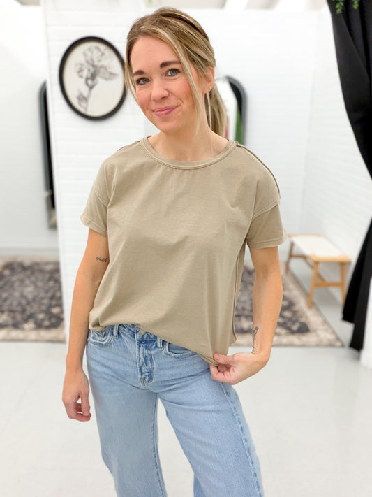 Here Today Raw Stitch Detail Mineral Wash Top Mocha