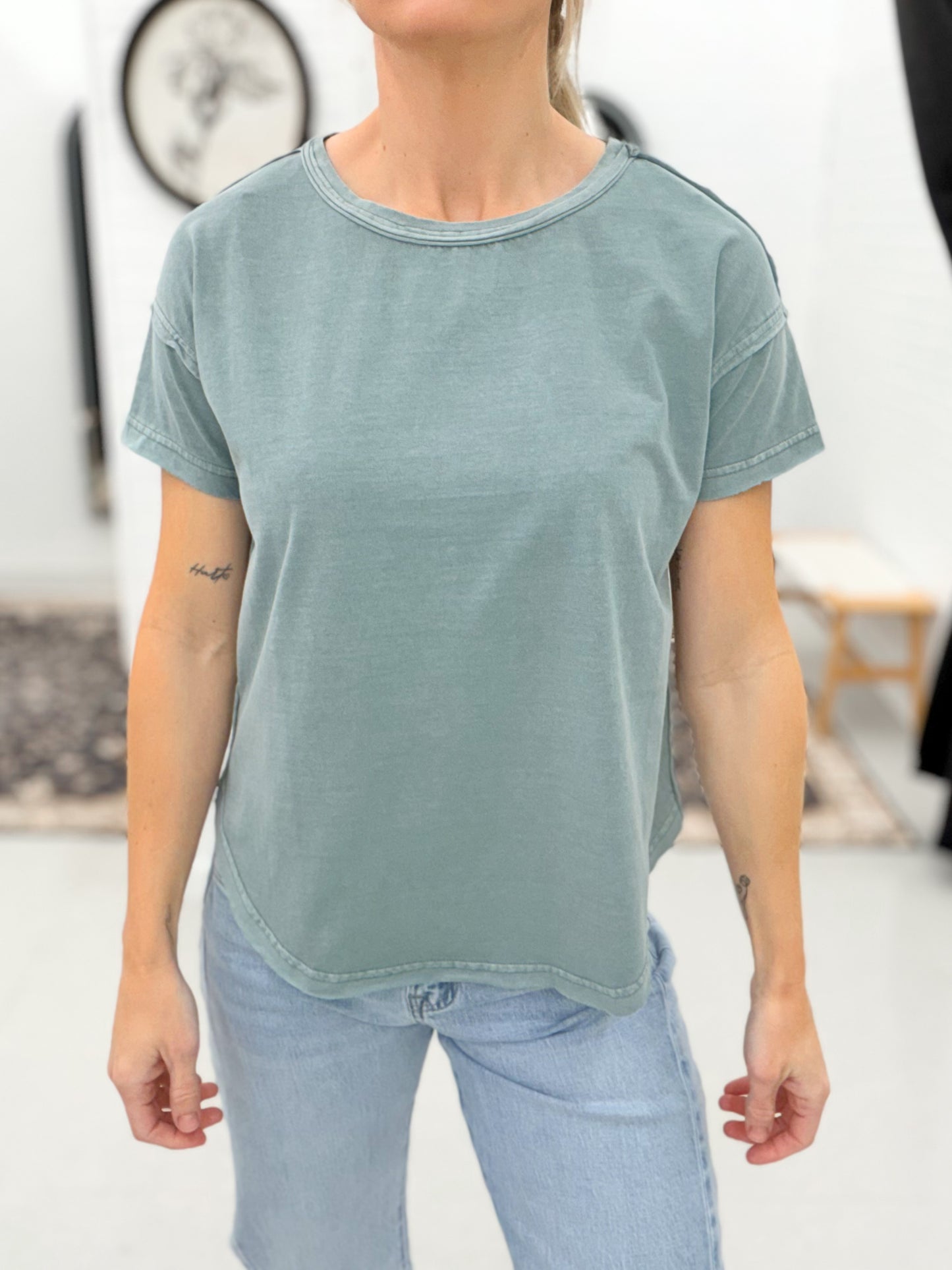 Here Today Raw Stitch Detail Mineral Wash Top Green