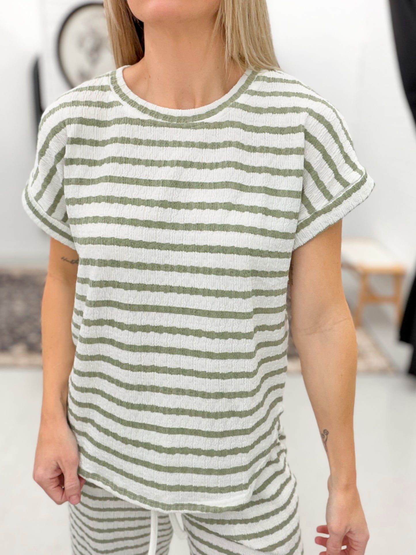 Day Off Striped Textured Round Neck Top Olive