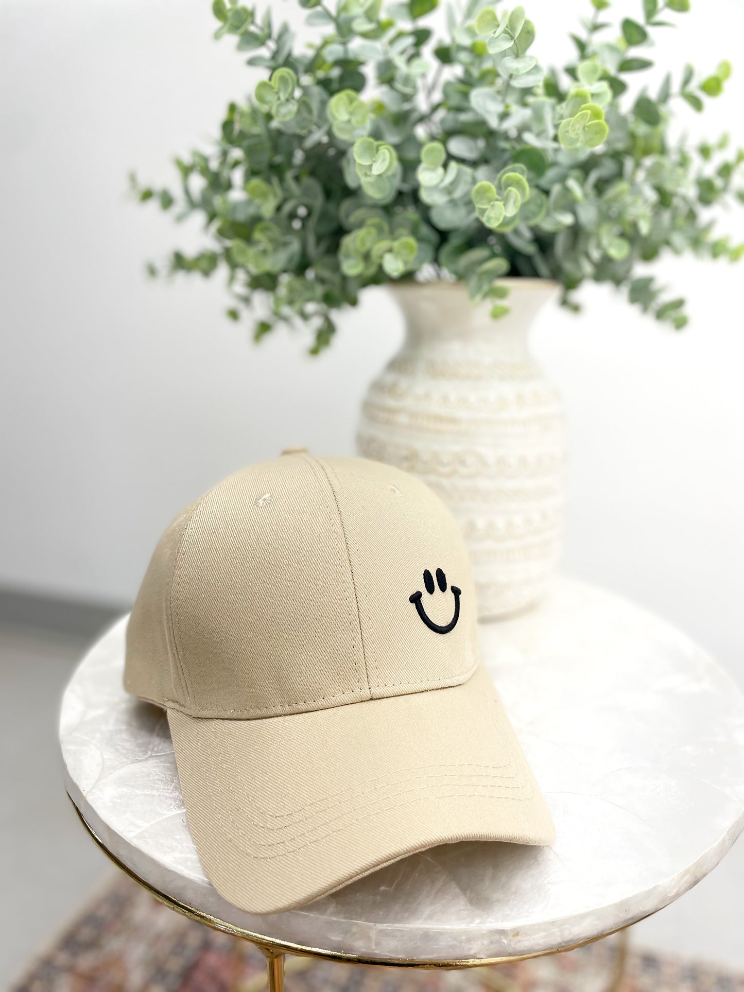 Minimal Smiley Face Embroidered Baseball Cap Taupe