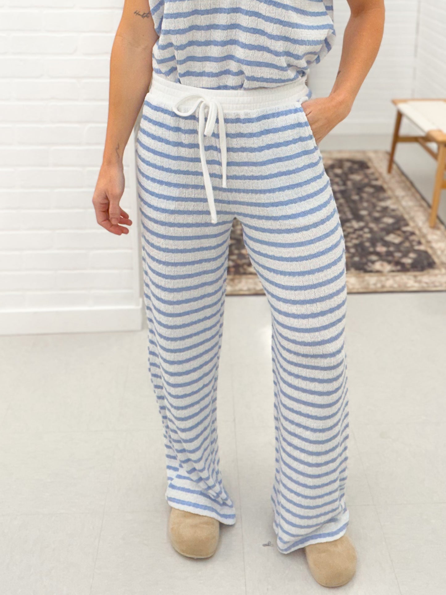 Day Off Striped Textured Pants Light Blue