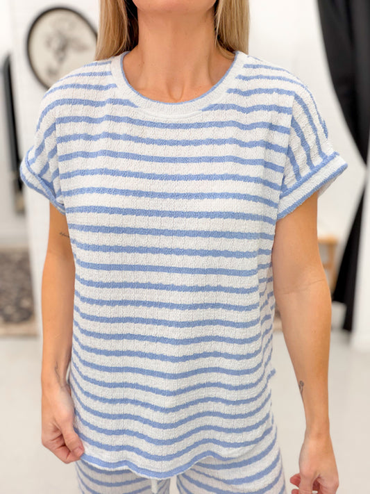 Day Off Striped Textured Round Neck Top Light Blue