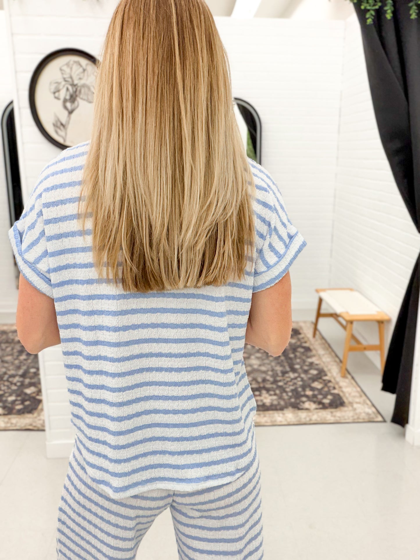 Day Off Striped Textured Round Neck Top Light Blue