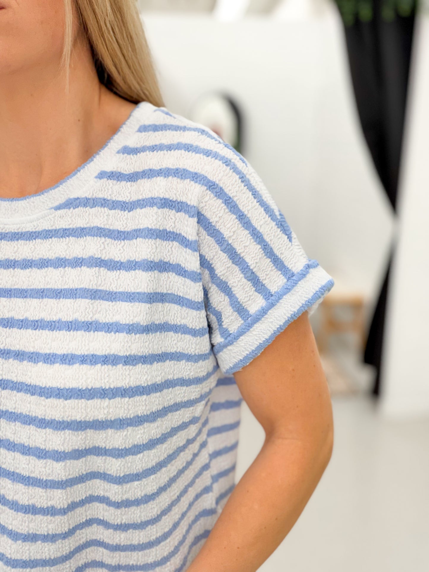 Day Off Striped Textured Round Neck Top Light Blue