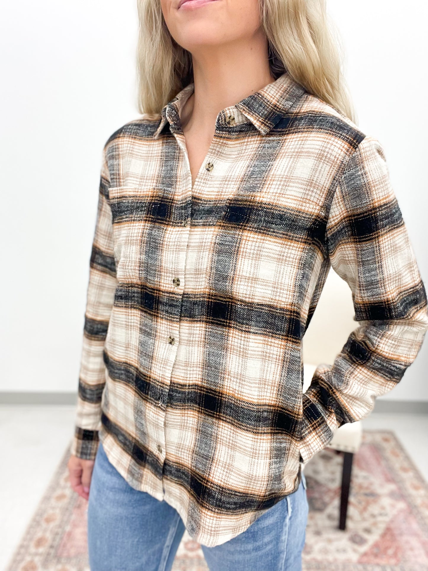 The Barry Plaid Flannel Top Black Orange