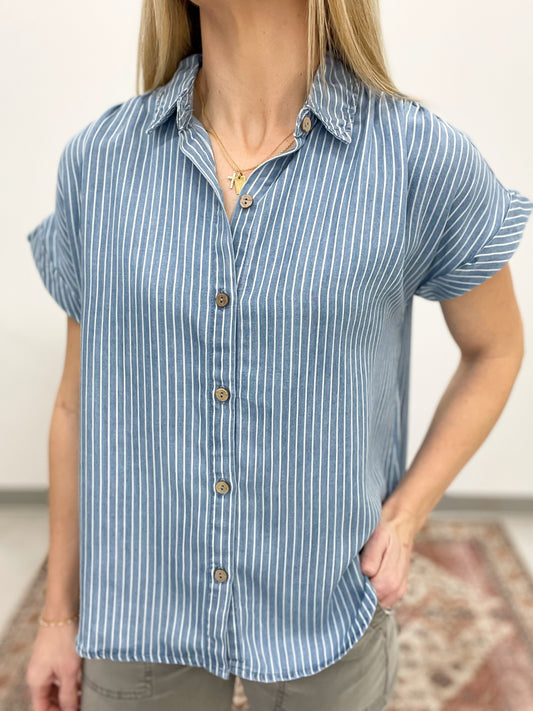 Gulf View Striped Button Down Chambray Top S-3X