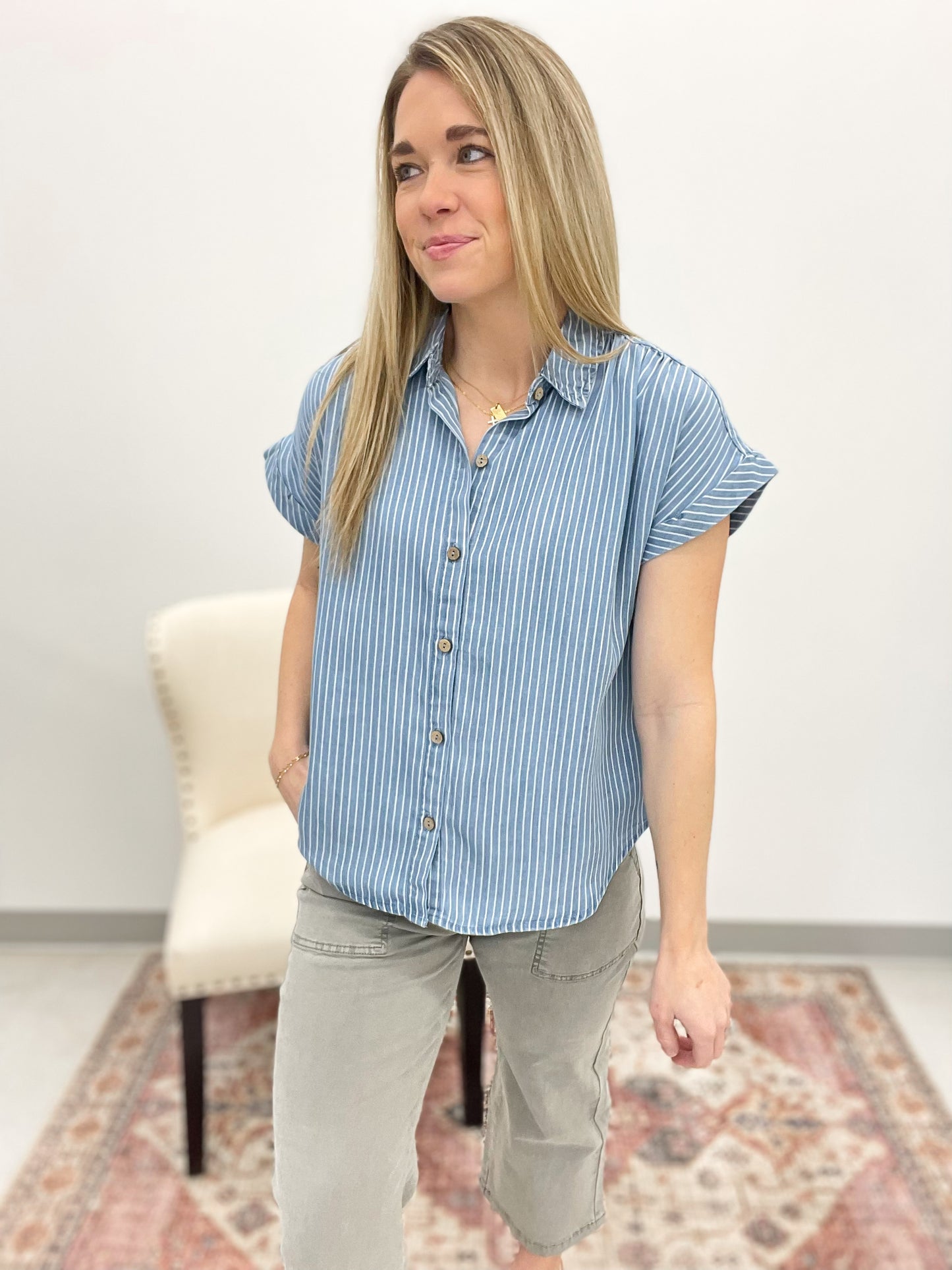 Gulf View Striped Button Down Chambray Top S-3X