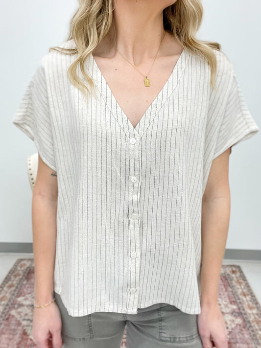 Effortless Chic Natural Stripe Button Linen Blend Top Extended