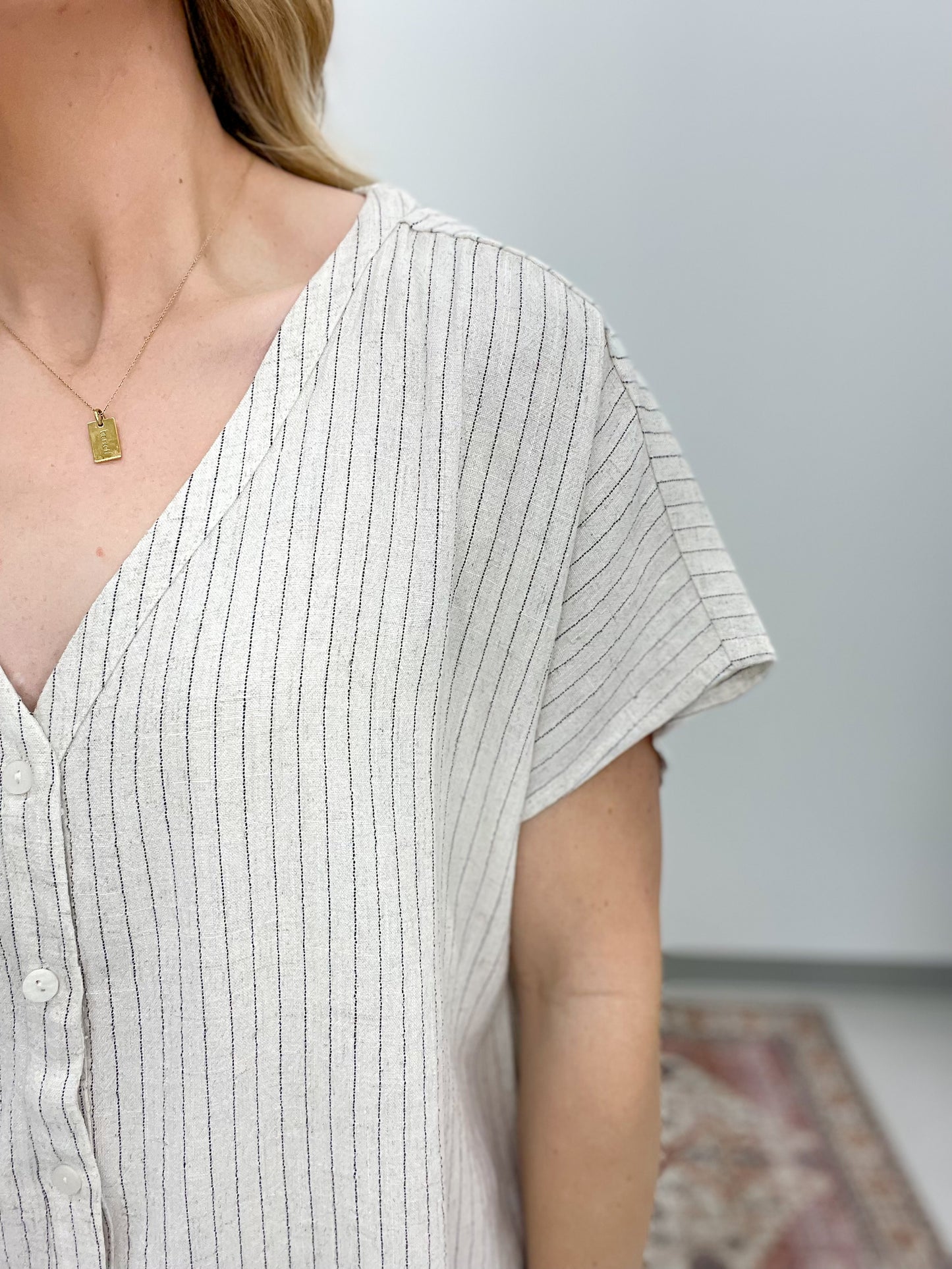 Effortless Chic Natural Stripe Button Linen Blend Top Extended