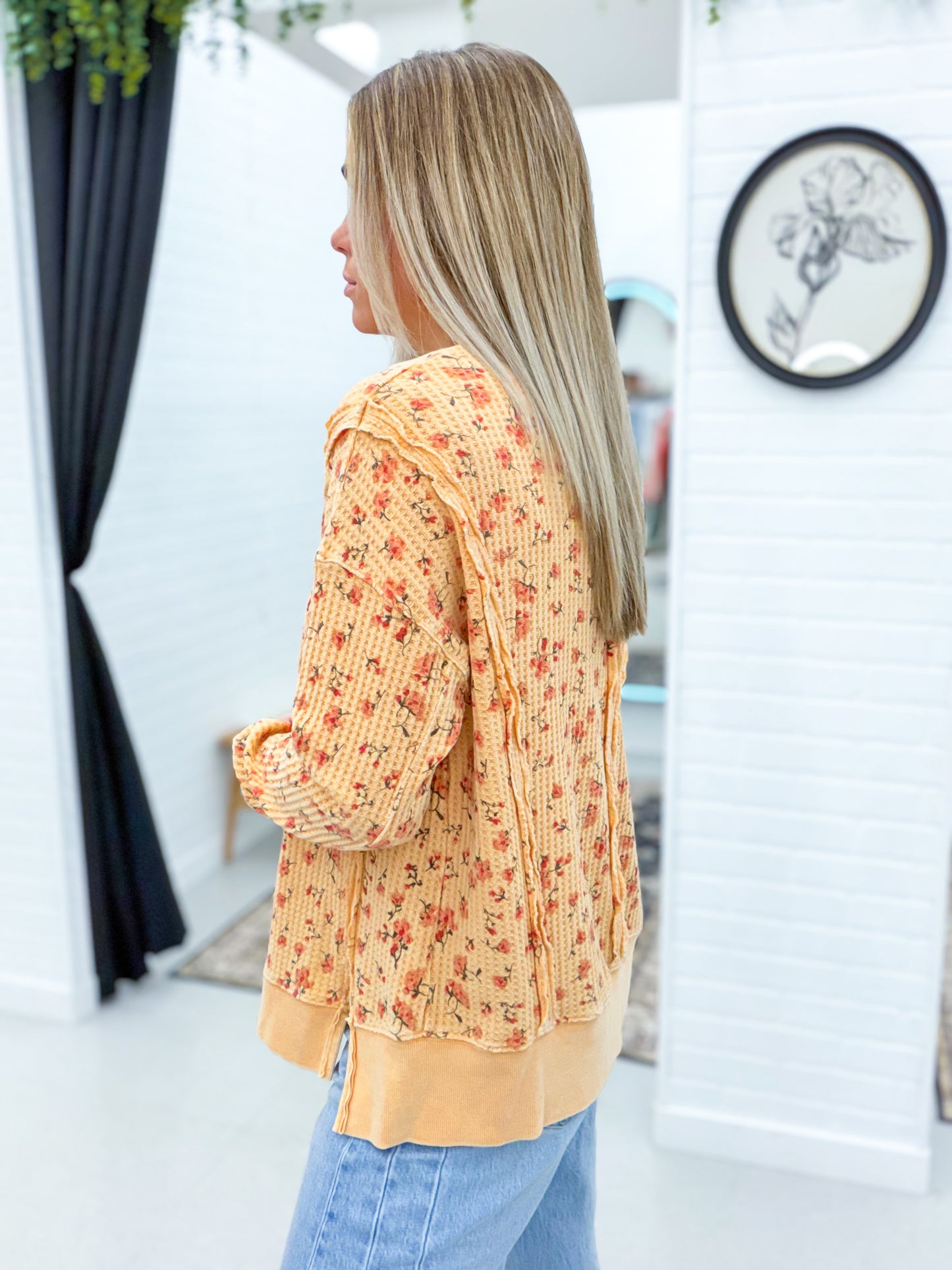 Little Things Floral Print Thermal Knit Top Orange Cream