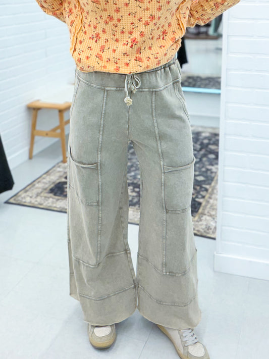 Effortless Mineral Washed Wide Leg Terry Pants Stone