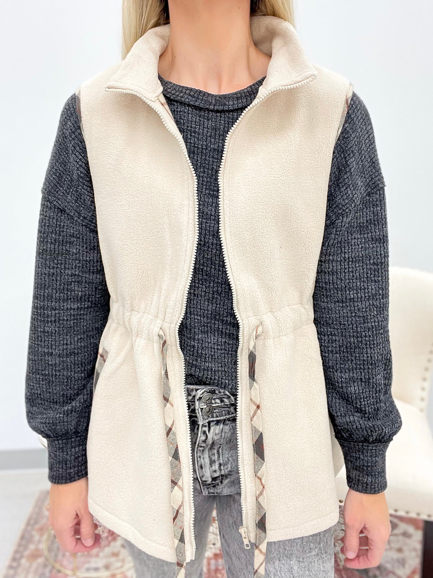 Road Less Traveled Draw String Sherpa Vest Ecru