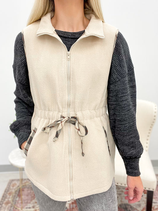 Road Less Traveled Draw String Sherpa Vest Ecru