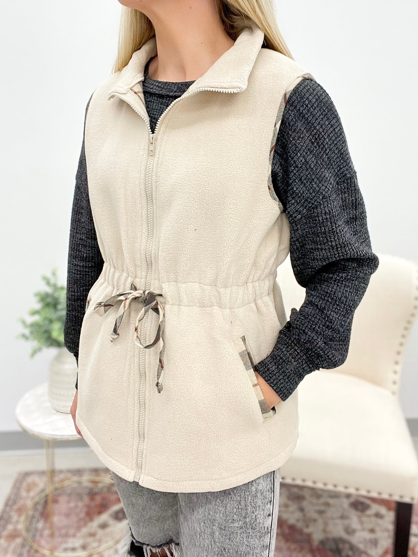 Road Less Traveled Draw String Sherpa Vest Ecru