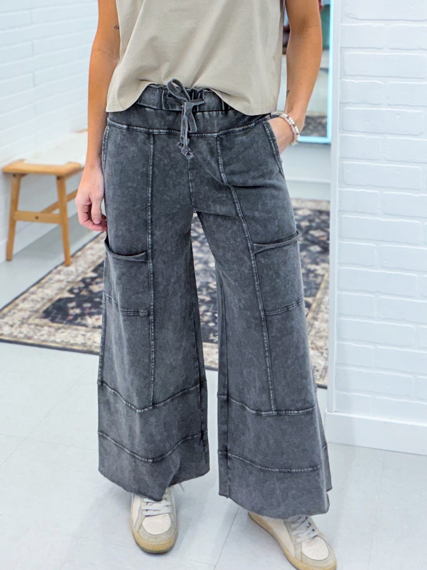 Effortless Mineral Washed Wide Leg Terry Pants Black