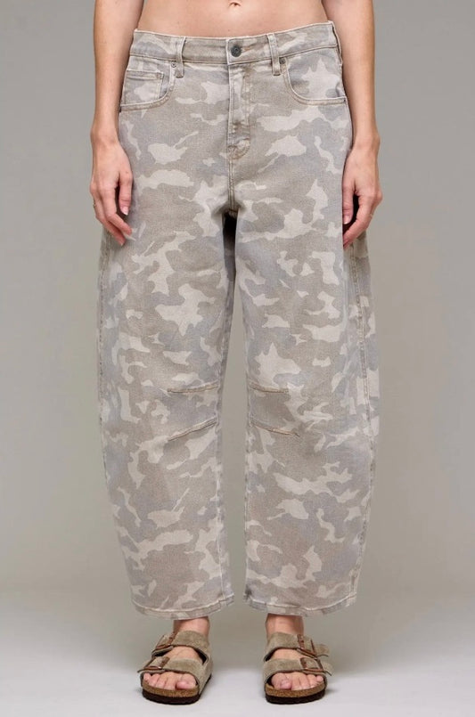 Hidden Sammie High Rise Camouflage Cropped Barrel Jeans Tan