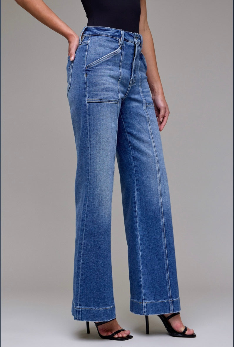 Hidden High Rise Happi Seam Detail Flare Jeans Medium Wash