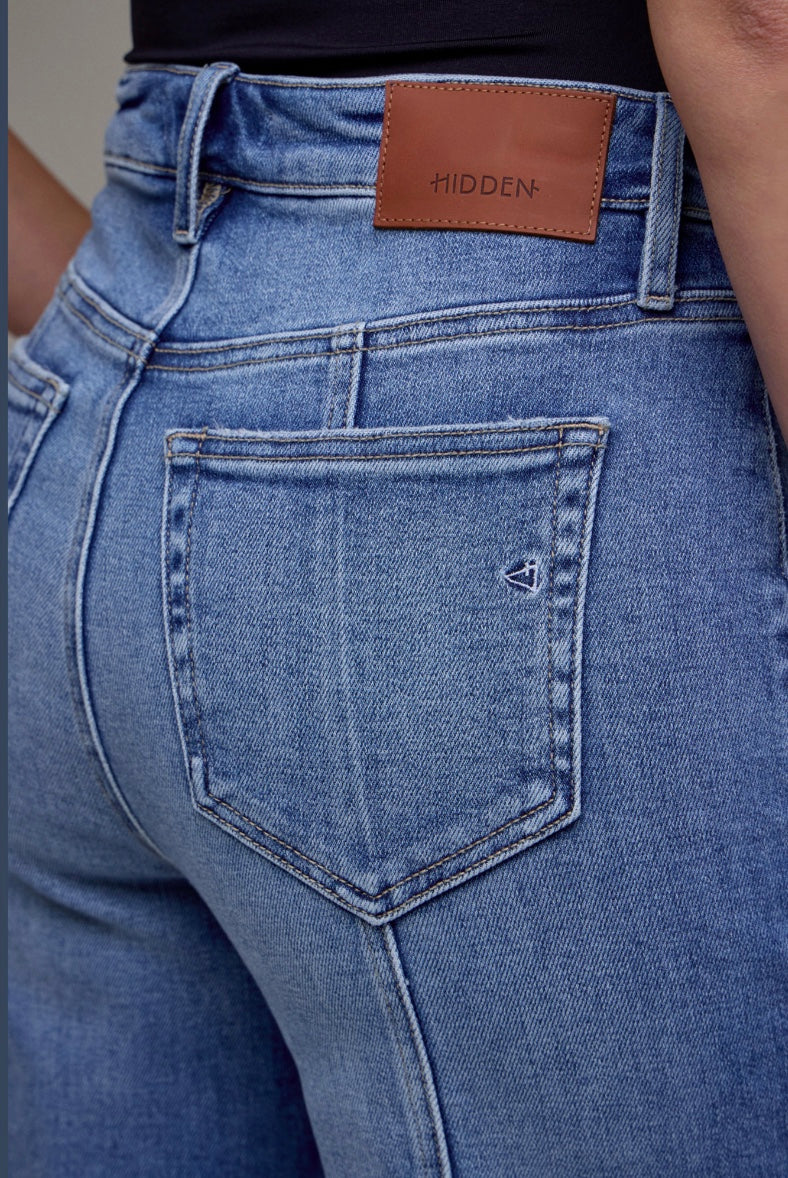 Hidden High Rise Happi Seam Detail Flare Jeans Medium Wash