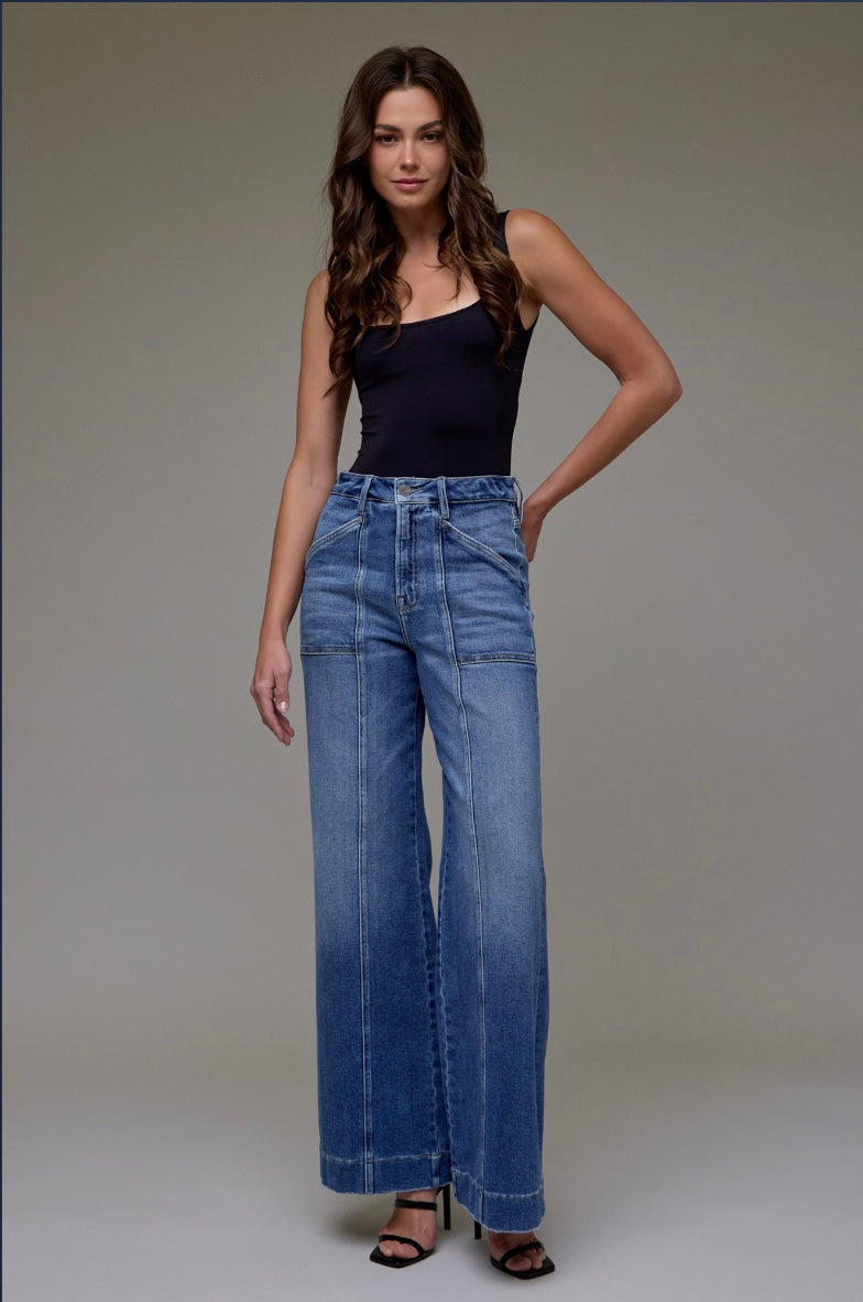 Hidden High Rise Happi Seam Detail Flare Jeans Medium Wash