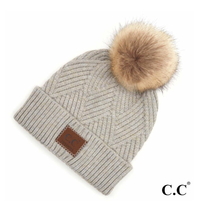 C.C Criss-Cross Heather Beanie Pom Hat Warm Gray Mix