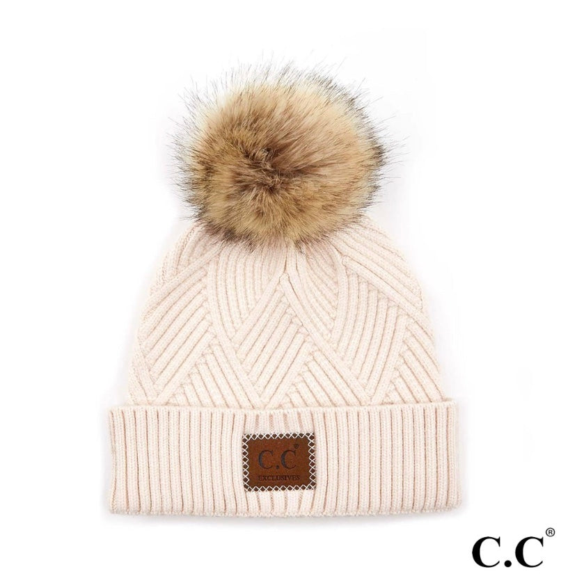 C.C Criss-Cross Beanie Pom Hat Light Beige