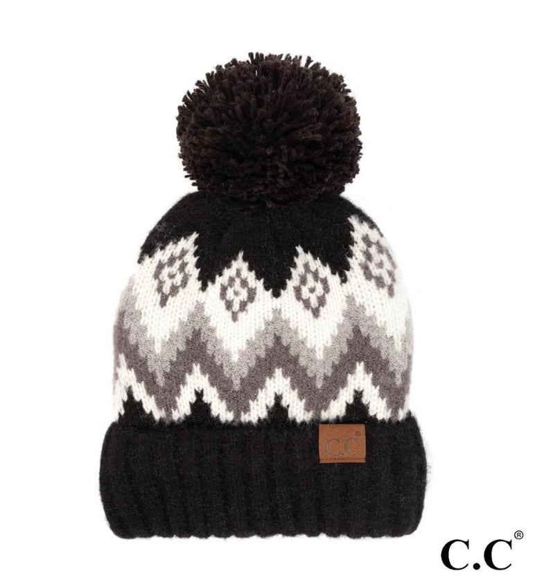 C.C Aztec Chevron Pattern Cuff Knit Pom Beanie Black