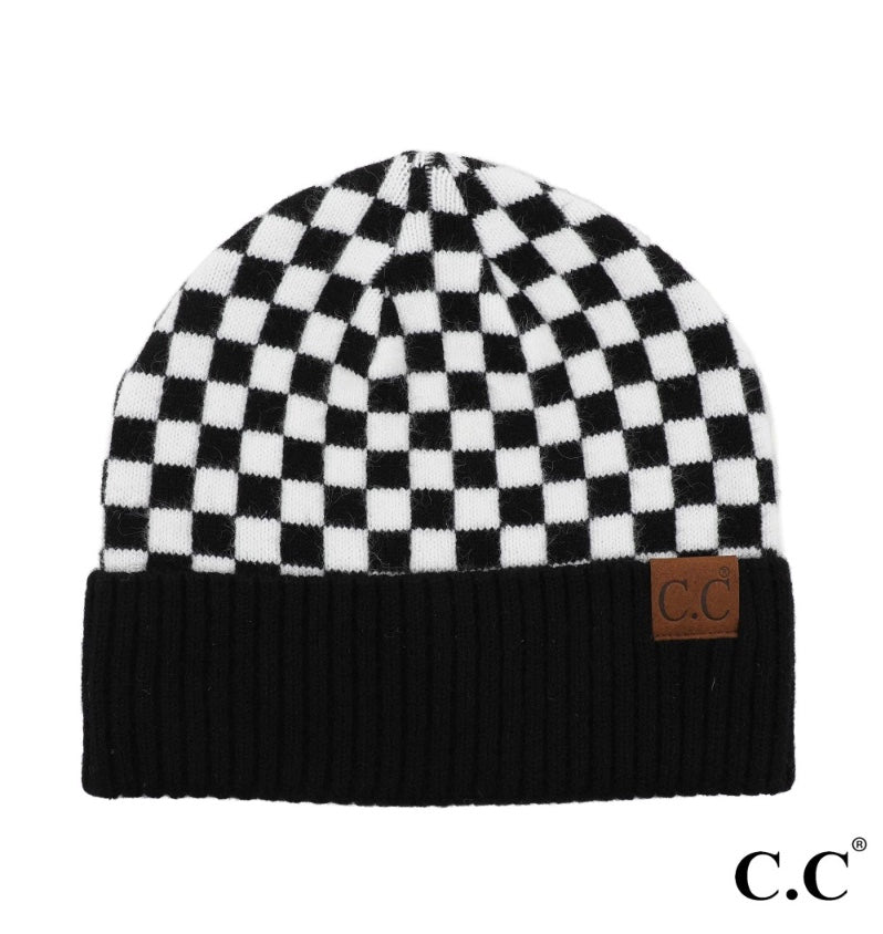 C.C Checkered Pattern Beanie Hat Black