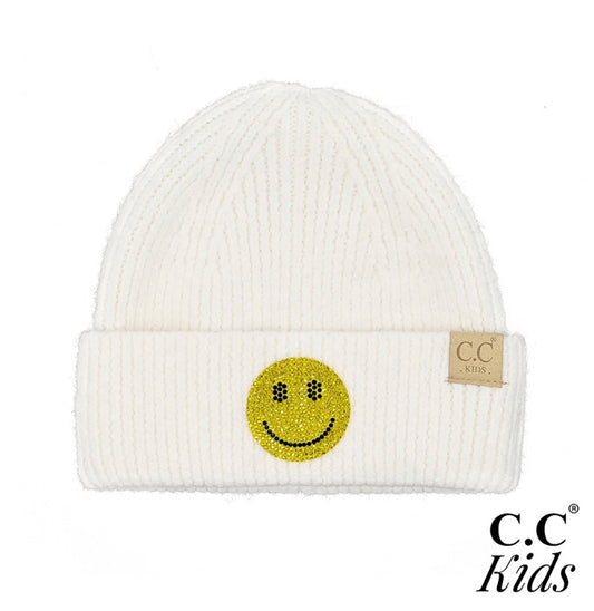 C.C Kids Smile Face Rhinestone Beanie Ivory