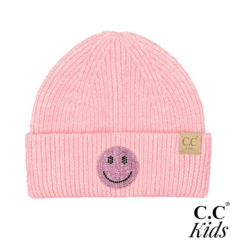 C.C Kids Smile Face Rhinestone Beanie Pink