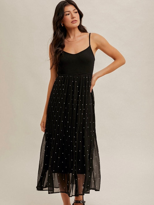 Save Tonight Dot Pleated Cami Dress Black Small, Medium