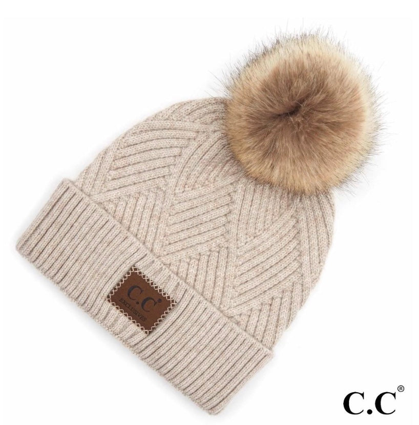 C.C Criss-Cross Heather Beanie Pom Hat Beige Mix