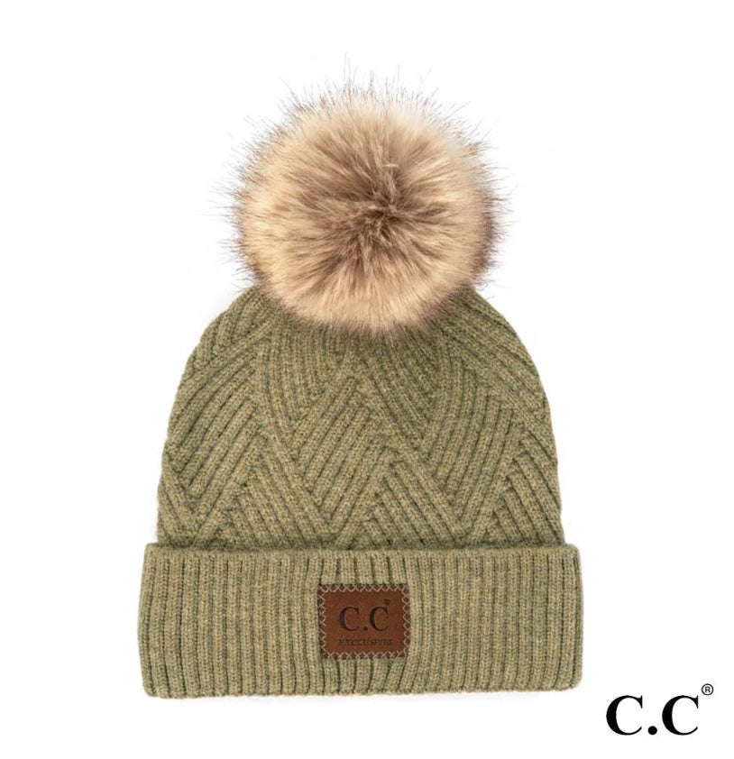 C.C Criss-Cross Beanie Pom Hat Sage Mix