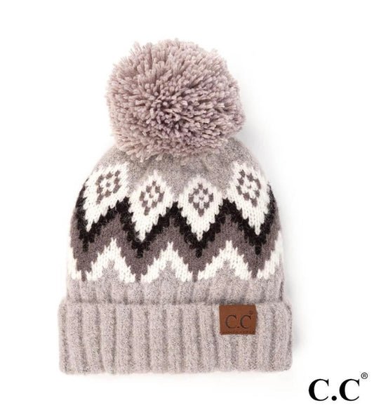 C.C Aztec Chevron Pattern Cuff Knit Pom Beanie Gray