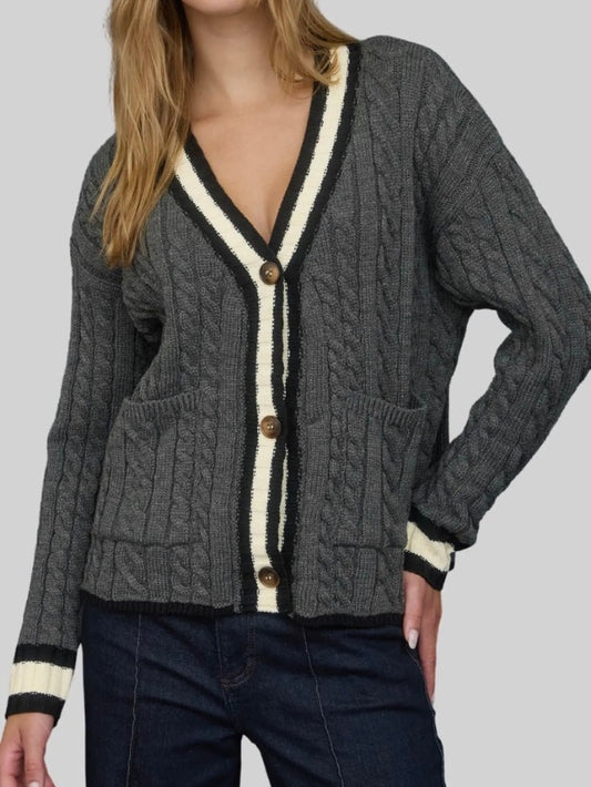 Worth It Contrast Trim Cable Knit Cardigan Gray