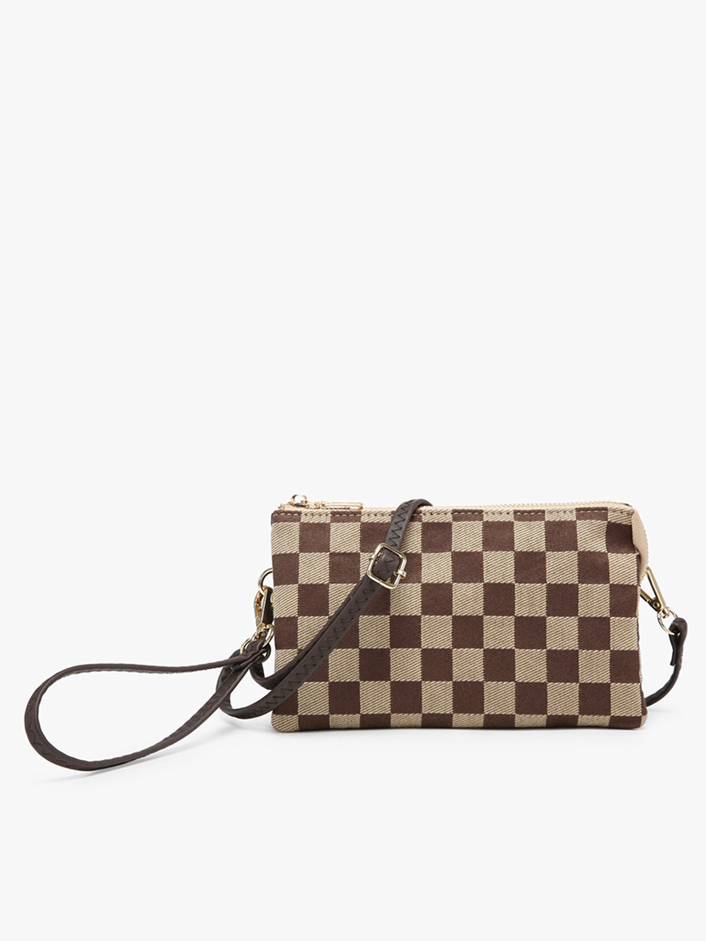 The Riley Checkered Crossbody/Wristlet Brown