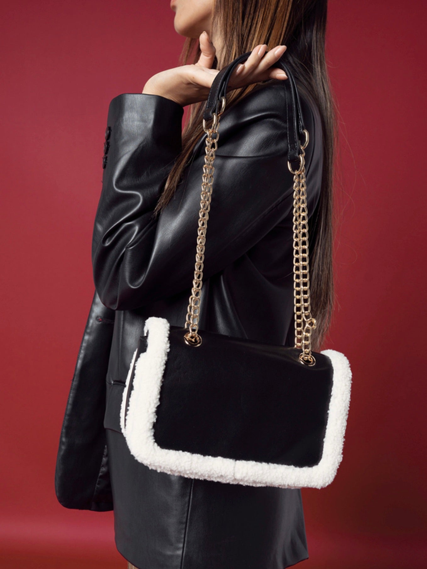 Coco Sherpa Trim Crossbody With Chain Strap Black