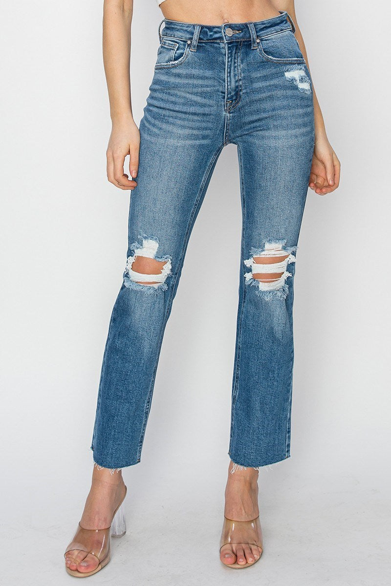 The Amber High Rise Distressed Ankle Flare Denim Extended