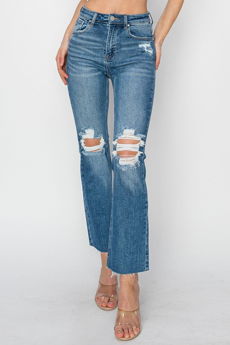 The Amber High Rise Distressed Ankle Flare Denim
